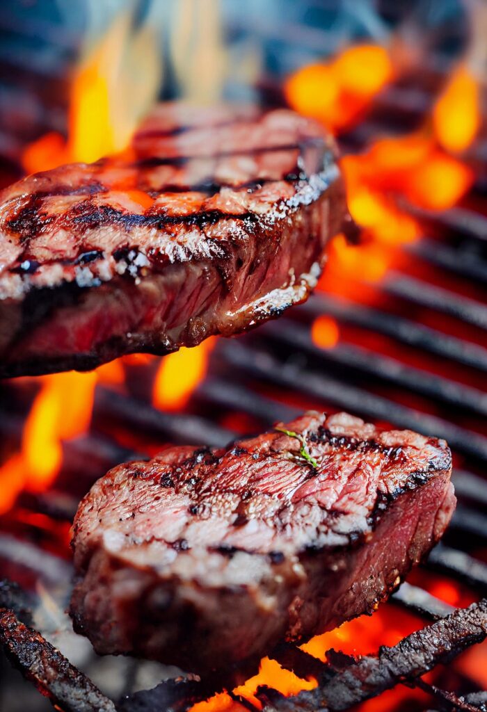 Steak being grilled on fire