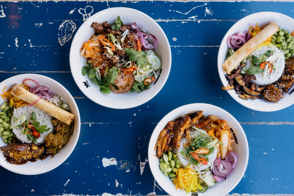 Top view of lunch dishes at bar basquiat